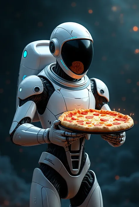  Robotic astronaut with a pizza in his hand, futuristic astronaut outfit , 