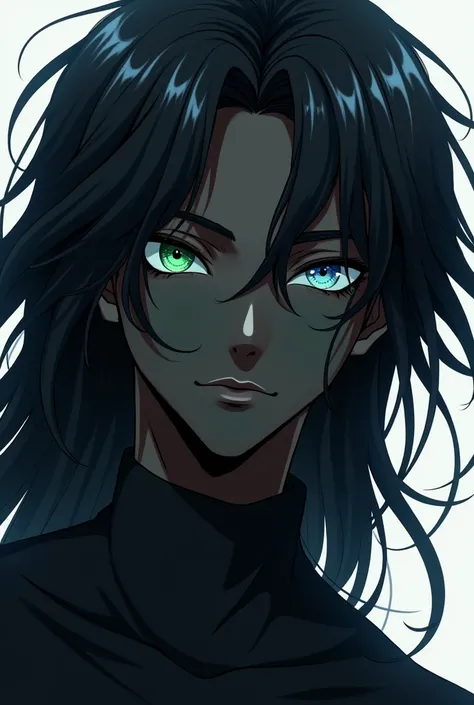 Black-skinned anime-style man,  eyes of different colors, one green and the other blue ,  Long black hair