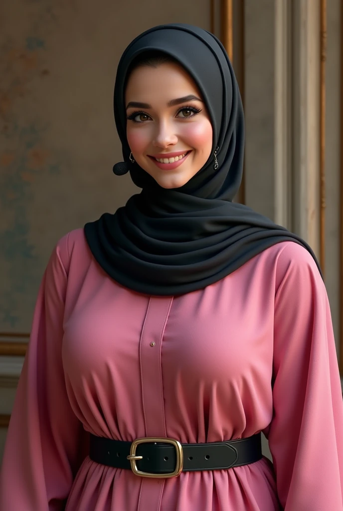 (photorealism:1.2), beautiful woman, smiling, wearing pink dress, no opened chest, thick big breast, with wide black belt on her belly, using black pashmina hijab, cover all of  her hair, wearing small head-worn microphone on her cheek, not a headphone, no...