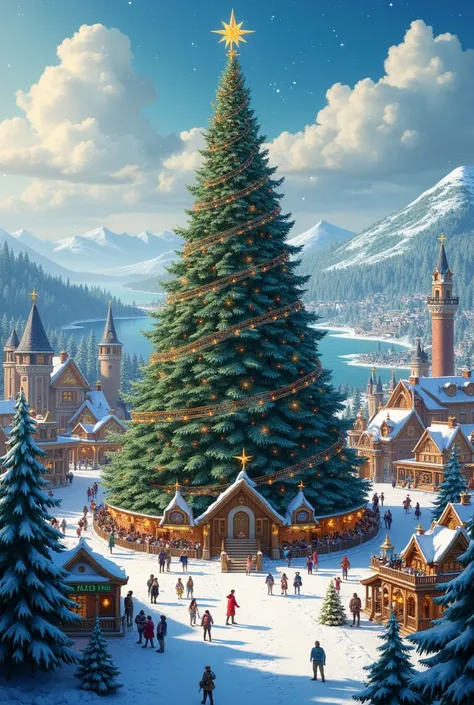 Large Christmas kingdom , with a surrounding town and a large tree 