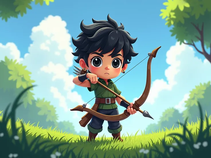 Create a dark-haired boy character with short curly hair,  black eyes and with an earring in an ear ,  on a lawn with a bow in her hand , in pixel art style with 3D 