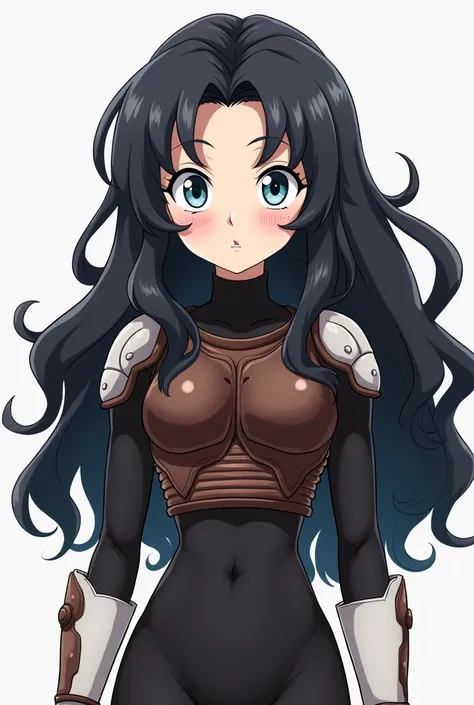  Girl of an  anime-style dragon ball super animation who has long wavy black hair with a soft fringe,  big light blue eyes and a small innocent smile .  The  girl wears classic Saiyan armor similar to that of Raditz ,  with dark brown protection and white ...