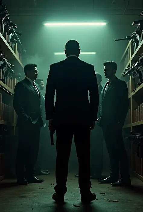 A dramatic backshot capturing movie characters Pushpa Raj, Kim, and KGF Rocky Bhai standing side by side, their imposing figures illuminated by the dim, moody lighting of a gritty underground gun shop. The shelves behind them are lined with an arsenal of d...