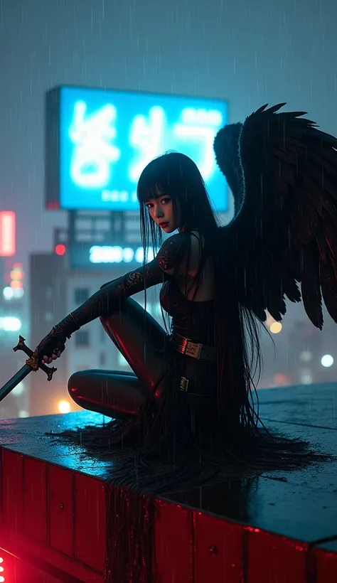 
 Frog eye lens potoshoot  (1:12)full leght photo of a  [beautiful black angel ]::2,black long hair,  japanese tactical armor chinese chlotes , big black angel wings ,sitting crouched with his left hand holding a sword that was stuck to the roof floor and ...