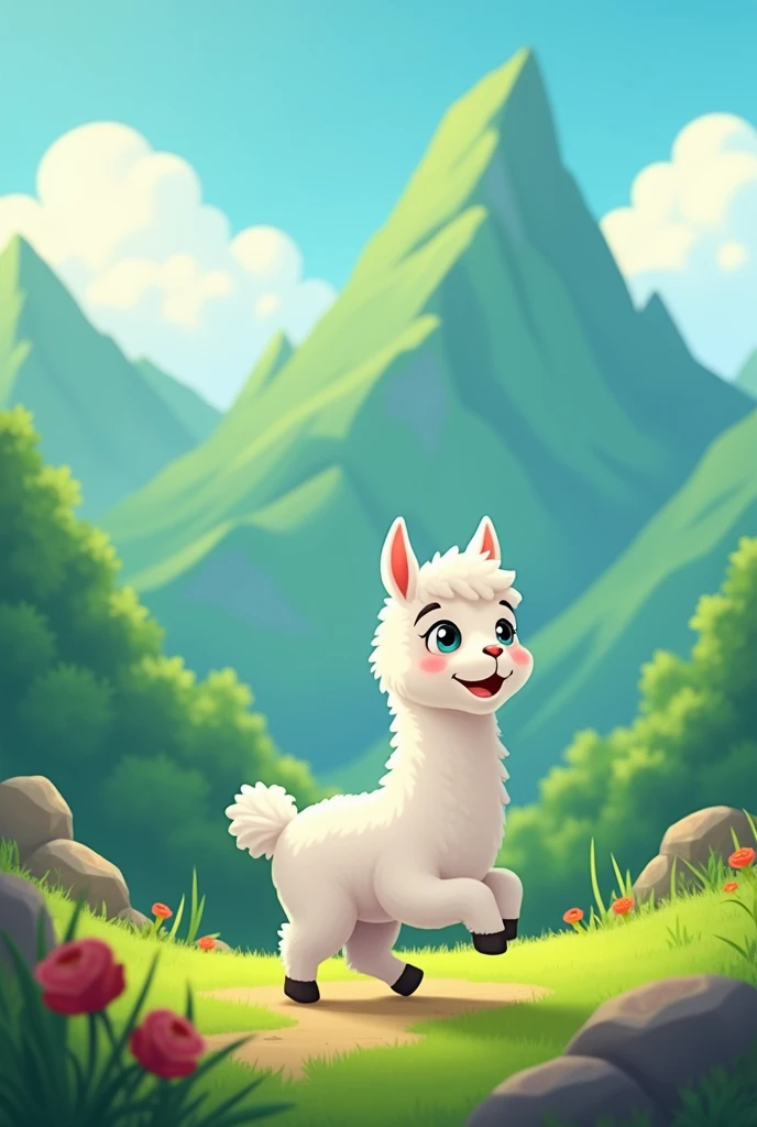 Create an animated image of a small, white and cheerful llama and tall green mountains of Cusco for preschool ren 