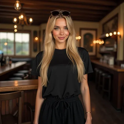  Very attractive 20-year-old girl , with blonde hair, long and straight with green eyes .  She wears a black t-shirt with wide black pants and has sunglasses over her head. she smiles arrogantly .  She stands idly by and is in a vintage bar .