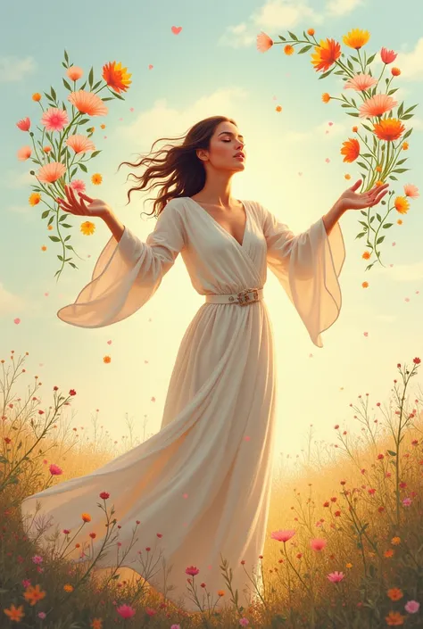 (((Masterpiece))), A serene woman with outstretched arms standing in a peaceful landscape. From her hands, vibrant flowers bloom and cascade outward, creating a dynamic flow that symbolizes growth, love, and nurturing care. The woman is depicted with soft,...