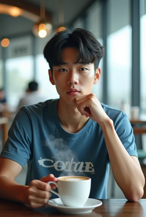 Poto landscape features a 20-year-old Korean handsome man sitting in a cafe enjoying a cup of cofelate coffee . the man is wearing a distro t-shirt blue and white color box model shirt with one hand facing in front of the camera with a hand finger gesture ...