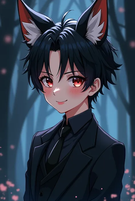 Anime character boy with fox ears and a black suit with black hair and a smile 