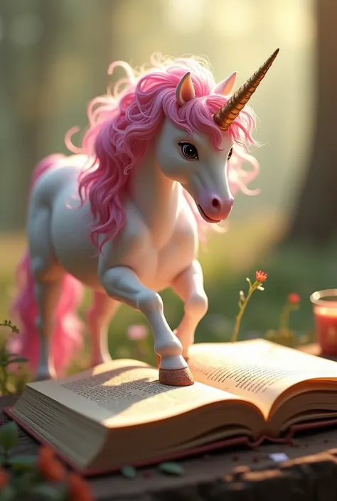 Unicorn with pink hair gluing sheets of a book with glue