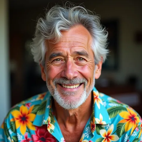 mature guy, gray hair, looks like a used car salesman, smiling, wearing Hawaiian shirt, headshot