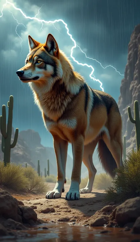 Wolf with cactus. Background aria is mudde water thunder strom 