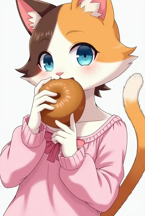  Anime calico cat girl with white skin ,  coat color tricolor right light orange side ,light brown on the left ,  is wearing a pink dress, a puffy long-sleeved nightie with bows ,  also big blue eyes with a cunning look and a sinabon bun in her mouth bitin...