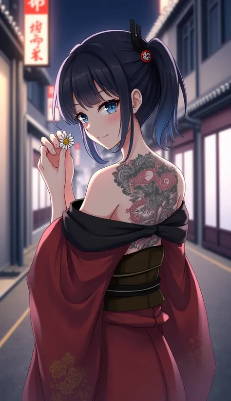 masterpiece, top quality,  top quality ,  Official Art ,  beautiful、And aesthetic :1.2), 1 girl,  Tattoo , Alone, Japanese clothing, Red and black kimono, hair accessories, unsheathing,  black hair, sheath, back  Tattoo , dragon  Tattoo ,  blue eyes,  off ...