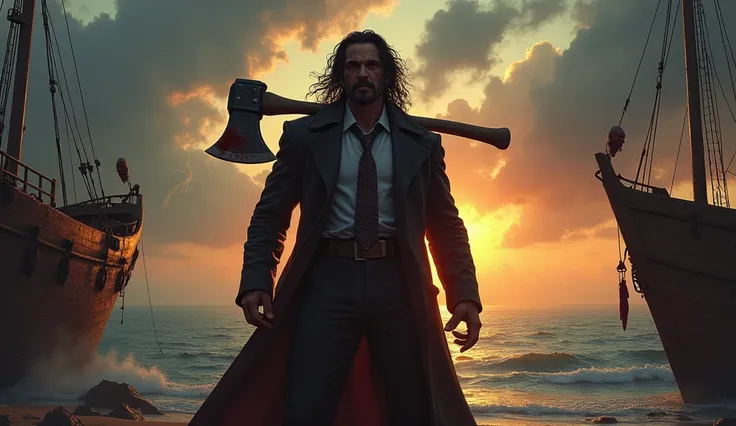 
A fearsome gangster with long, unkempt hair stands on the deck of a weathered ship anchored in the middle of a serene yet ominous beach. Smoke curls from the cigarette in his mouth as he rests a blood-stained axe on his shoulder with effortless dominance....