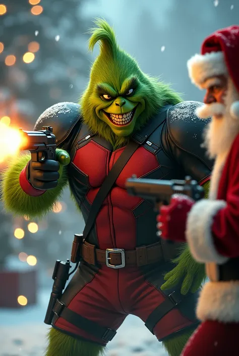 Furry Friendly Grinch with muscles from the movie with a Deadpool costume with two black  9mm guns shooting and killing Santa Claus