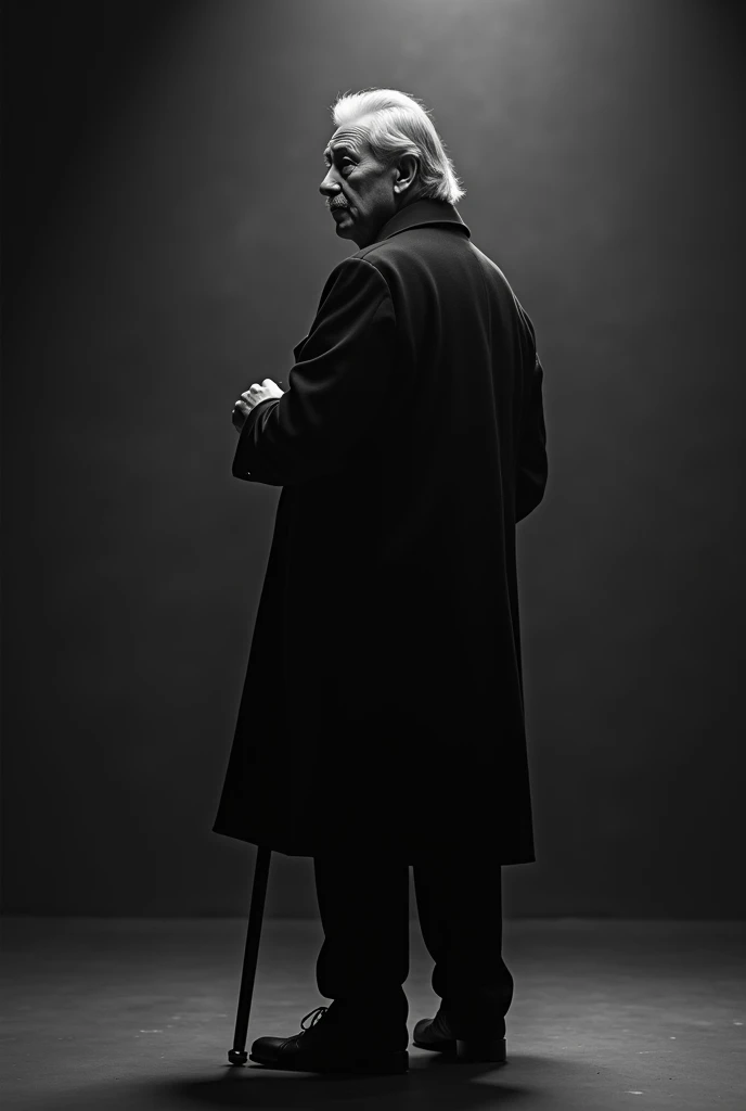  Make a tall presenter ,  using a cane , Are you middle aged ,  mustache and shoulder length hair and a trench coat.  black and white image 