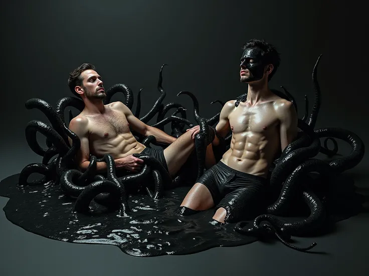  men in latex boxers lie in a black puddle of slime and merge with black slime, they are held by black tentacles ,  the fusion of the body and black mucus, the body is covered with black mucus  