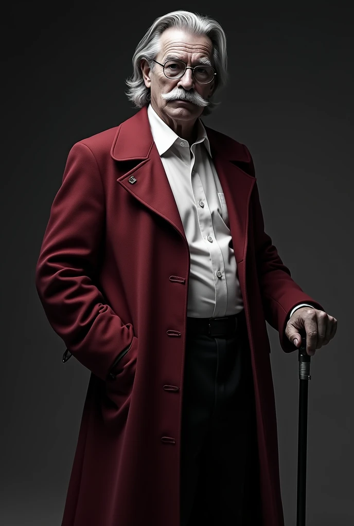  Make a tall presenter ,  using a cane , Are you middle aged ,  mustache and shoulder length hair and a burgundy overcoat.  black and white image . Your shirt must be white 