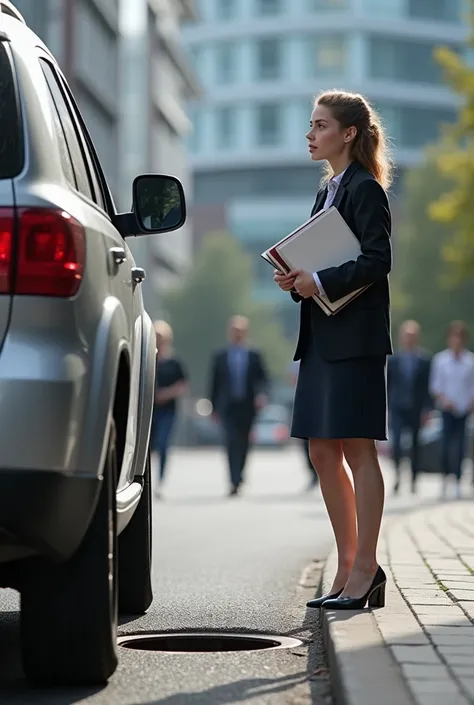 A girl in a business suit holding some folders in her hand looking in surprise at a manhole that is near her vehicle parked on the street, in the background you can see an office building and several people walking on the street