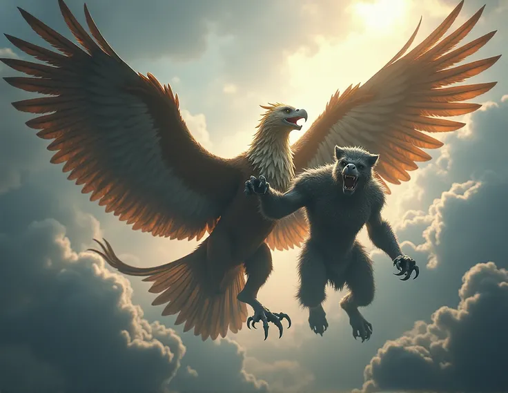 a fantasy epic battle between a griffin and a humanoid gargoyle, rpg style, fighting in the sky, detailed cinematic scene, dramatic lighting, dynamic poses, intricate textures, vivid colors, (best quality,4k,8k,highres,masterpiece:1.2),ultra-detailed,(real...