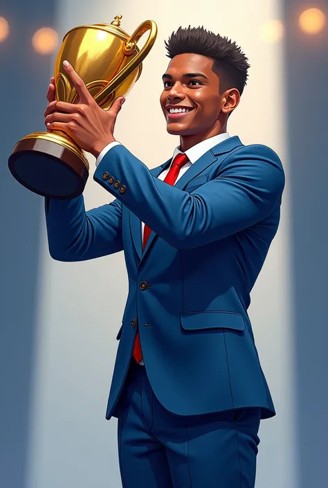 Donner moi une image de Vinicius Jr avec son trophée 🏆 FIFA thé Best quil vient de remporter ce soir. Il doit être habillé en costume beu