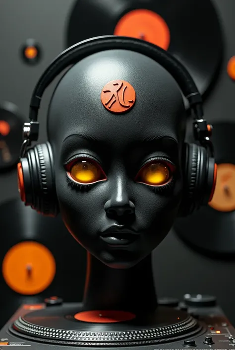 face with black features with yellow eyes and hairless head with logo on the head of Remember Classics integrating completely into the brain and with headphones on and vinyl records floating around behind and technical turntables