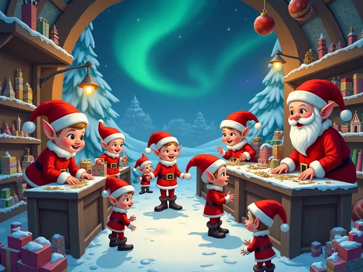 Santas elves working in the North Pole workshop