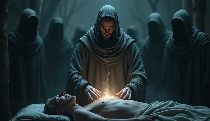 Eustasio as a powerful healer : 
 A scene in which Eustasio places his hands on a sick person.  Her eyes are empty ,  and a dark aura surrounds his hands as he heals the patient .  in the background ,  you see faceless humanoid shadows watching ,  as if th...