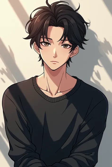 Create a Manhwa style man with dark brown hair and snow-white skin ,  loose black sweater with an angelic and muscular face with a slim and very handsome build who is omega and tender