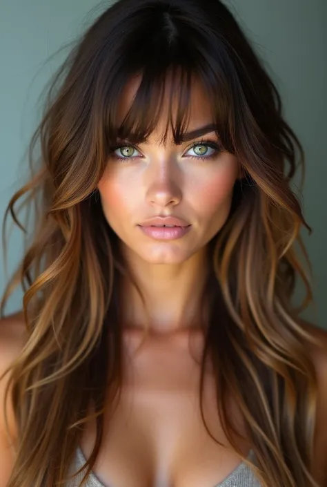 Young woman, 27 years old, long hair below her butt, brown with bronze highlights and layered bangs, straight at the roots and wavy at the length, very striking green eyes and a slightly fleshy and well-defined mouth. Her body is very beautiful, like Laure...