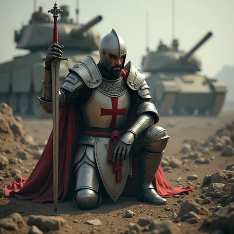 Knight Templar kneeling with his sword stuck in the ground around a war environment with war tanks.