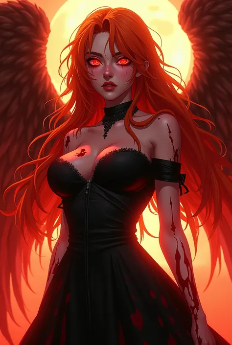  A woman with long orange hair.  with red eyes .  she has some scars .  anime style Evangelion . She is hurt . na neve. Shes wearing a bloodstained black ball gown. Bright image.  Shes a fallen angel. Busty kk 