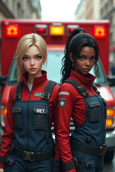 Two ambulance girls , behind an ambulance .  A blond girl with blue eyes and the other girl with black hair and dark eyes