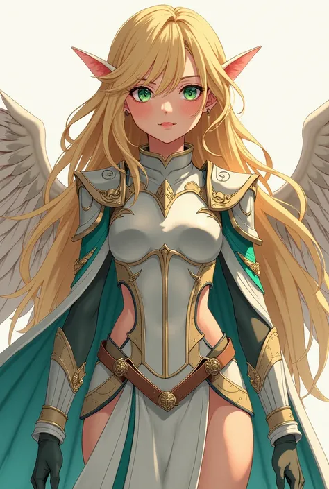  very cute girl in modern manga style with long and voluminous blond hair and green eyes, Draw from head to toe ,   dressed in valkyrie-like armor and wings 