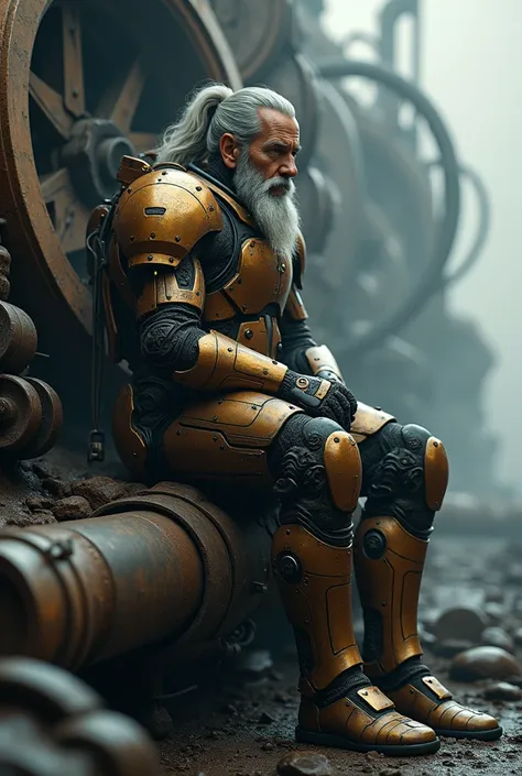 Ttle: Our future?.
Prompt: futuristic warrior sits on the edge of a massive, industrial machine in a dystopian, sci-fi setting. The warrior is an older man with silver ponytail hair and a thick beard, wearing a heavily detailed, metallic exosuit with bronz...