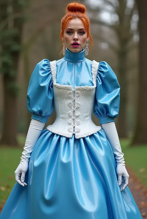 Front view, fullbody photography,  whole body, fullbody body shot,  white platform boots, hoop skirt , blue dress, pink shiny glittery lippgloss,  red hair, white heavy rubber corset,   stunning European woman in blue PVC housekeeper dress with long puffy ...