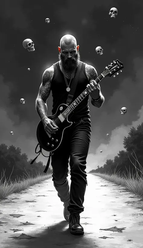 The image is a striking monochrome illustration featuring a handsome rocker man, 35 years old, heavily tattooed, buzz cut, beard, black outfit with an ethereal quality, surrounded by floating skulls, walking and playing electric guitar down a lonely night ...