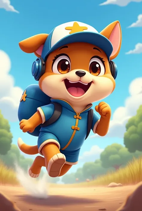 a dog smiling in brown, with blue clothes and a hat with a four-legged print, with a blue jet backpack on his back, simulate him running. anime style
