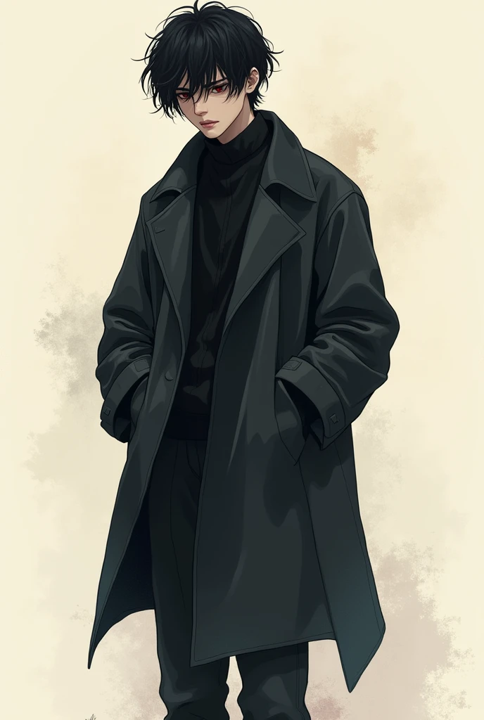 A mysterious and contemplative figure with a strong Japanese-inspired aesthetic. A young person (gender-neutral or slightly androgynous) standing in an oversized avant-garde coat with asymmetric cuts and exaggerated proportions, symbolizing the concept of ...