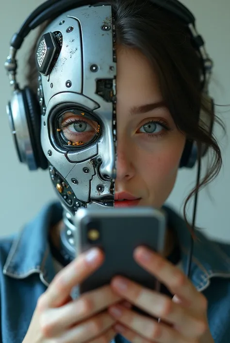 A person who looks at a mobile phone and half of his face will have the face of a human and the other half of the face of an AI robot