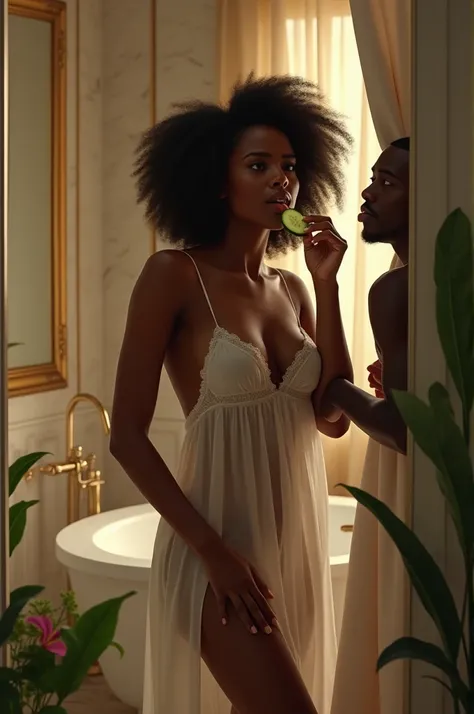 A young very pretty African lady in night gown licking cucumber inside a luxurious bathroom. two young African young men licking their tongue admiring her through the curtains secretly 