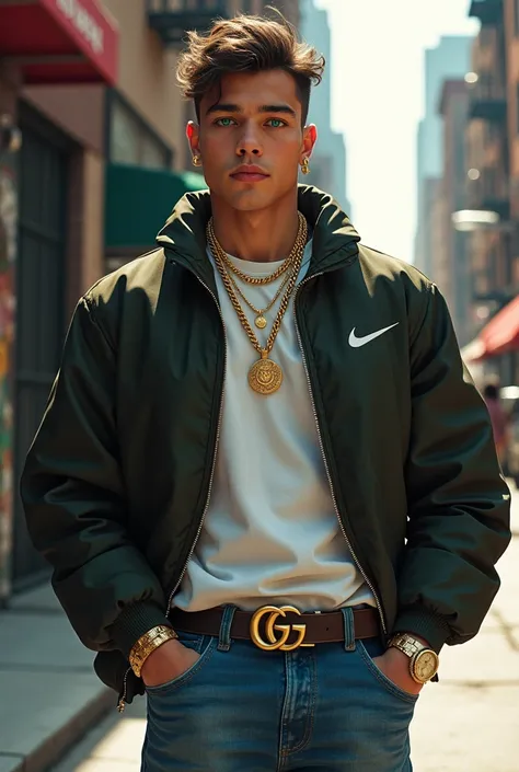 Young man with Nike jacket Gucci belt and jeans sneakers Gucci watch Rolex gold necklace Versacce earrings green eyes in the Bronx 