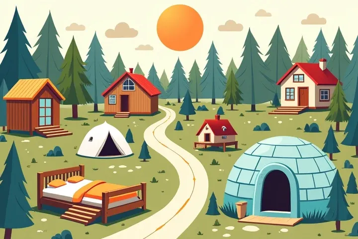 Create an image, which illustrates the process of choosing an unusual hotel or campsite. The image should be: a variety of options - from tree houses to glass igloos; elements, that influence the choice are indicated - budget,  Seasonality , and the import...