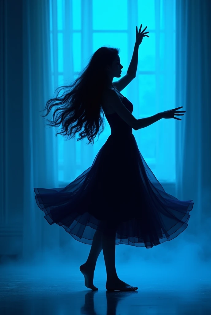  high resolution ,  Precise,  realistic .  Silhouette of a beautiful 19-year-old young woman with dark and long black hair. The silhouette of the woman is of her dancing in a blue room . 