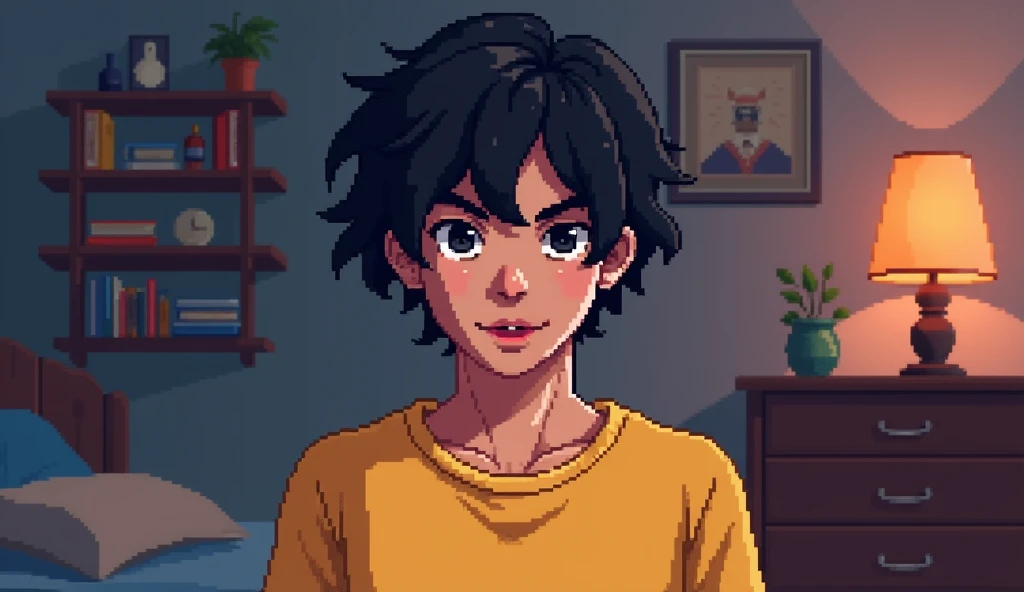 Create a dark-haired man character with short curly hair,  black eyes , With yellow blouse in a gamer bedroom in pixel art