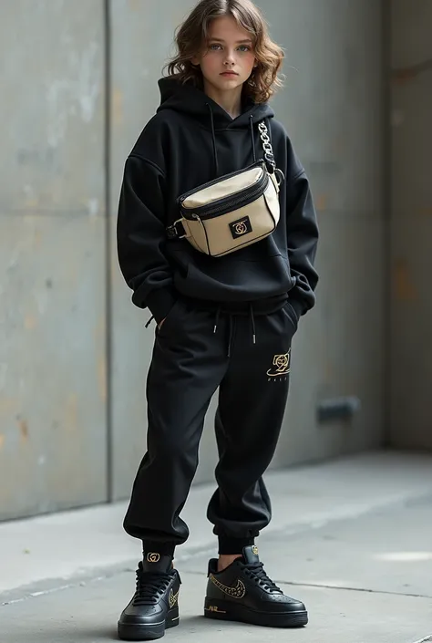  Youth waist bag with braids cross collar ,Nike tech trch pants Nike  , airfoces black Gucci  