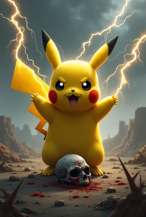 I want a Pikachu on a battlefield ,  with lightning bolts around him and a zombie head smashed under the Pikachus foot