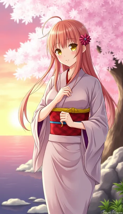 Asuna, masterpiece,  top quality ,   Details, ( 1 girl), Alone,   Details golden eyes,  long hair,  standing with different breasts ,  On, (  Details kimono), Lightsmile , medium breasts,  ( turn your arms around your back ), water, sunset, (hair accessori...