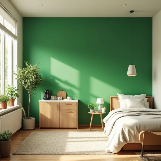 Inside an apartment green wall and kitchen bedroom 